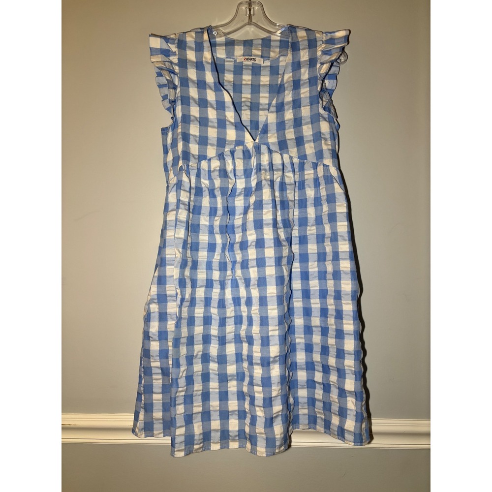 2 Hearts Gingham Dress Womens Blue White Ruffle Sleeve V-Neck‎ Empire Waist S